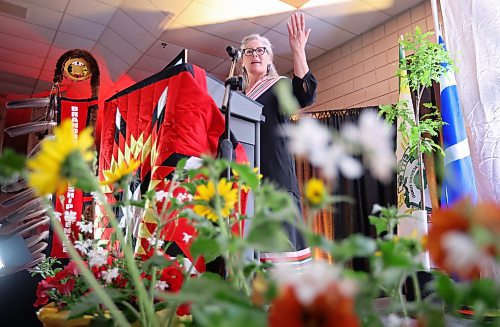 16052023
Chair Lisa Ramsay delivers opening remarks at the Honouring The Good Road Gala celebrating the seven sacred teachings at the Keystone Centre on Tuesday evening. The gala event honoured local indigenous change-makers, ally&#x2019;s and youth who live up to the seven sacred teachings. (Tim Smith/The Brandon Sun)