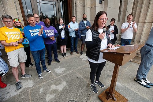 JOHN WOODS / WINNIPEG FREE PRESS
Manitoba premier Heather Stefanson speaks at the Pride rally in downtown Winnipeg Sunday, June 5, 2022. 

Re: gabby