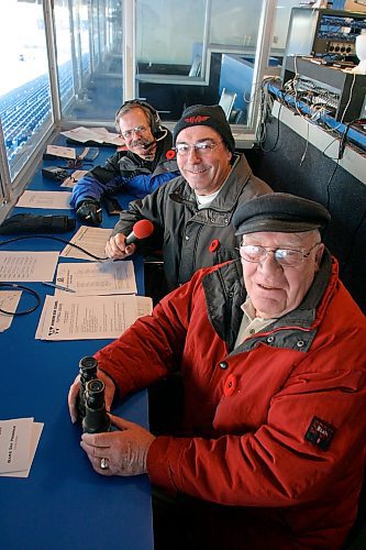 BORIS MINKEVICH/WINNIPEG FREE PRESS  (top to bottom) Announcers Greg Matthew and George Kunyckyj (yes that's the spelling) were with spotter Arn Taylor up in the announcers booth looking down on the games.