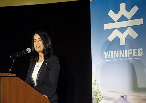 Mike Deal / Winnipeg Free Press
Dayna Spiring, President &amp; CEO, Economic Development Winnipeg, at her final AGM as EDW President &amp; CEO Wednesday morning. 
230517 - Wednesday, May 17, 2023.