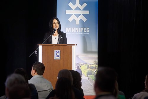 Mike Deal / Winnipeg Free Press
Dayna Spiring, President &amp; CEO, Economic Development Winnipeg, at her final AGM as EDW President &amp; CEO Wednesday morning. 
230517 - Wednesday, May 17, 2023.