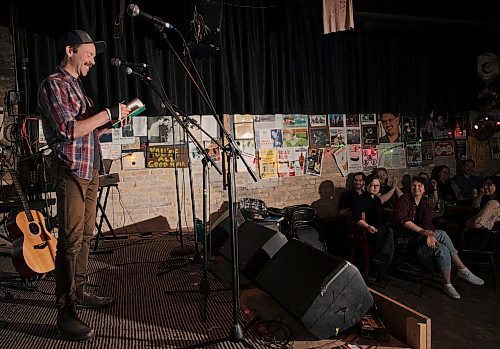 JESSICA LEE / WINNIPEG FREE PRESS

Performer Tom Keenan reads poetry on May 17, 2023 at the High and Lonesome Club where Theatre Projects Manitoba and Walk&amp;Talk announced their 2023-2024 season.

Reporter: Ben Waldman