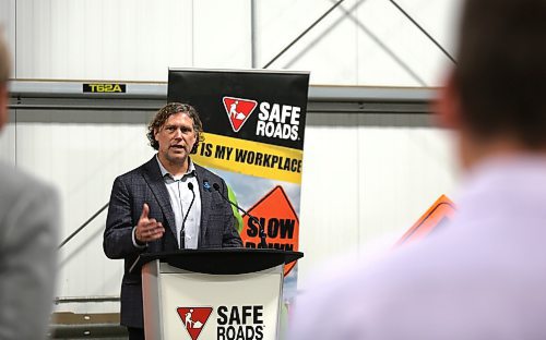  Jeff Fawcett, Mayor of the city of Brandon at the podium for the annual SAFE Roads campaign to spread awareness about worker and driver safety in Brandon on Thursday. (Michele McDougall/The Brandon Sun)