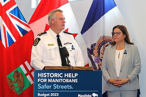 Brandon Police Service Chief Wayne Balcean thanks the Manitoba government for new funding at a news conference at BPS headquarters Thursday as Premier Heather Stefanson looks on. (Kyle Darbyson/The Brandon Sun)