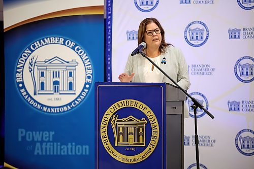 Manitoba Premier Heather Stefanson delivers the state of the province address during the Brandon Chamber of Commerce luncheon at the Keystone Centre on Thursday. (Tim Smith/The Brandon Sun)