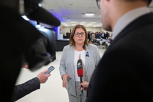 18052023
Manitoba Premier Heather Stefanson speaks to members of the media after her state of the province address during the Brandon Chamber of Commerce Luncheon at the Keystone Centre on Thursday. 
(Tim Smith/The Brandon Sun)