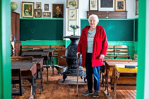 MIKAELA MACKENZIE / WINNIPEG FREE PRESS
 
Joan Wheeler poses for a photo in Star Mound School (where she attended when she was young) near Snowflake, Manitoba on Wednesday, May 17, 2023. For Al Small story.

Winnipeg Free Press 2023.