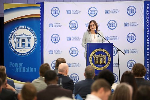 18052023
Manitoba Premier Heather Stefanson delivers her state of the province address during the Brandon Chamber of Commerce Luncheon at the Keystone Centre on Thursday. 
(Tim Smith/The Brandon Sun)