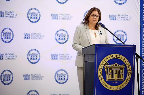 18052023
Manitoba Premier Heather Stefanson delivers her state of the province address during the Brandon Chamber of Commerce Luncheon at the Keystone Centre on Thursday. 
(Tim Smith/The Brandon Sun)