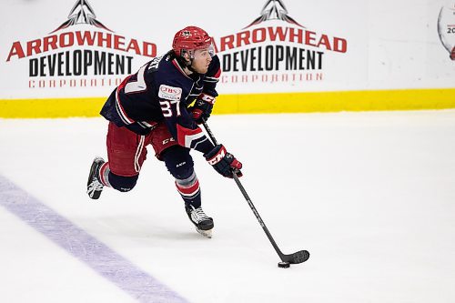 BROOK JONES / WINNIPEG FREE PRESS
The Brooks Bandits (AJHL) defeat the Battlefords North Stars (SJHL) 4-1 to claim the 2023 Centennial Cup at Stride Place in Portage la Prairie, Man., Sunday, May 21, 2023. Pictured: Brooks defenceman Sam Court, who is from Winnipeg, Man., controls the puck during third period action. 