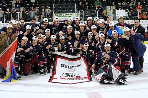 The Brooks Bandits celebrate after winning their third straight Centennial Cup on Sunday afternoon at Stride Place. (Lucas Punkari/The Brandon Sun)