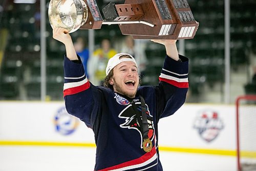 BROOK JONES / WINNIPEG FREE PRESS
The Brooks Bandits (AJHL) defeat the Battlefords North Stars (SJHL) 4-1 to claim the 2023 Centennial Cup at Stride Place in Portage la Prairie, Man., Sunday, May 21, 2023. Pictured: Brooks defenceman Hughie Hooker carries the Centennial Cup as he celebrates the Bandits' third straight championship title. 
