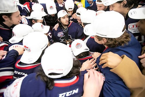 BROOK JONES / WINNIPEG FREE PRESS
The Brooks Bandits (AJHL) defeat the Battlefords North Stars (SJHL) 4-1 to claim the 2023 Centennial Cup at Stride Place in Portage la Prairie, Man., Sunday, May 21, 2023. Pictured: Brooks Bandits players celebrate the team's third straight title.