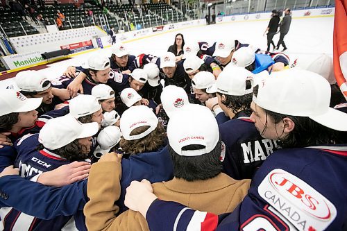 BROOK JONES / WINNIPEG FREE PRESS
The Brooks Bandits (AJHL) defeat the Battlefords North Stars (SJHL) 4-1 to claim the 2023 Centennial Cup at Stride Place in Portage la Prairie, Man., Sunday, May 21, 2023. Pictured: Brooks Bandits players celebrate the team's third straight title.