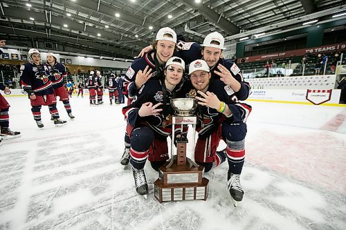 BROOK JONES / WINNIPEG FREE PRESS
The Brooks Bandits (AJHL) defeat the Battlefords North Stars (SJHL) 4-1 to claim the 2023 Centennial Cup at Stride Place in Portage la Prairie, Man., Sunday, May 21, 2023. Pictured: Brooks Bandit players, who are from Manitoba celebration the team's championship victory. Back row (L-R): Hughie Hooker (Brandon), Jordan Hughesman (Winnipeg). Front row (L-R): Hunter Wallace  (Oak Lake) and Sam Court (Winnipeg).