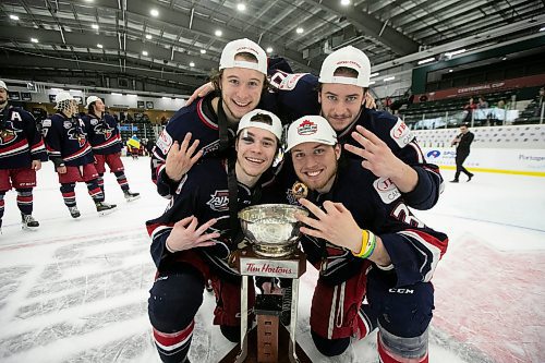 BROOK JONES / WINNIPEG FREE PRESS
The Brooks Bandits (AJHL) defeat the Battlefords North Stars (SJHL) 4-1 to claim the 2023 Centennial Cup at Stride Place in Portage la Prairie, Man., Sunday, May 21, 2023. Pictured: Brooks Bandit players, who are from Manitoba celebration the team's championship victory. Back row (L-R): Hughie Hooker (Brandon), Jordan Hughesman (Winnipeg). Front row (L-R): Hunter Wallace  (Oak Lake) and Sam Court (Winnipeg).