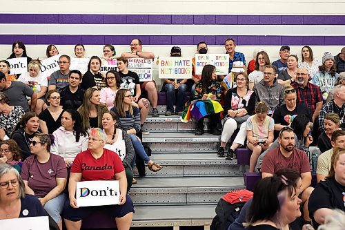 Brandon residents filled the Vincent Massey High School gymnasium Tuesday evening for a school board meeting as dozens of delegates spoke in response to a previous proposal to remove books from school libraries including LGBTQ+ literature and sexual education resources. (Tim Smith/The Brandon Sun)