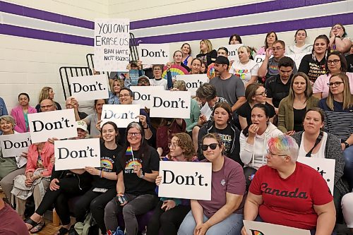 Brandon residents filled the Vincent Massey High School gymnasium Tuesday evening for a school board meeting as dozens of delegates spoke in response to a previous proposal to remove books from school libraries including LGBTQ+ literature and sexual education resources. (Tim Smith/The Brandon Sun)
