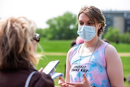 MIKAELA MACKENZIE / WINNIPEG FREE PRESS
 
Brie Villeneuve, UWSA 2SLGBTQ* Students' Director, speaks to the Free Press after an announcement about Pride funding at The Forks on Tuesday, May 23, 2023. 

Winnipeg Free Press 2023.