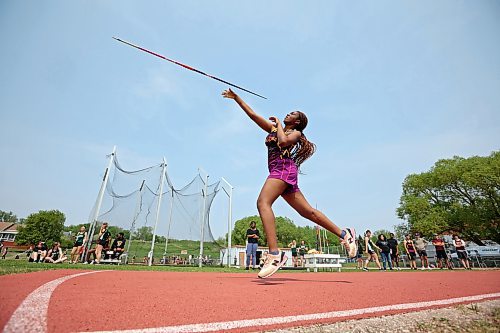 23052023
Gabrielle Uwa-Omoregha of Crocus Plains Regional Secondary School competes in the javelin event at the High School Track and Field City Finals on Tuesday. 
(Tim Smith/The Brandon Sun)