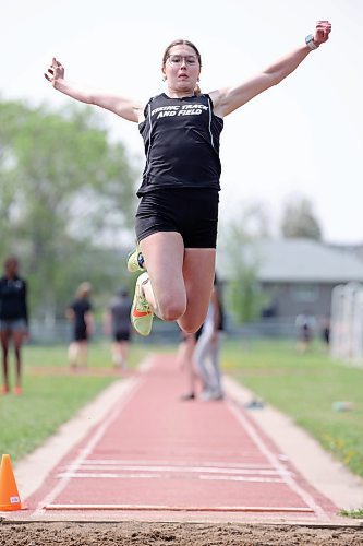 23052023
Juliana Crocker of Vincent Massey High School leaps through the air during the varsity girls long jump event at the High School Track and Field City Finals on Tuesday. 
(Tim Smith/The Brandon Sun)