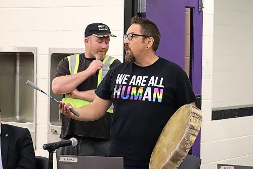 Brandon School Division trustee Jason Gobeil, pictured here playing a drum, announced at Tuesday's board meeting that he will be resigning effective May 31 to pursue a new career opportunity in The Pas. After making his announcement, Gobeil sang a Dakota song called "Pidamaye," which means "thank you." (Kyle Darbyson/The Brandon Sun)