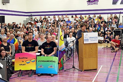 23052023
Sixteen-year-old Vincent Massey High School student Jason Foster speaks passionately about his experiences as a trans boy in response to a previous proposal to remove books from school libraries including LGBTQ+ literature and sexual education resources as well as other books, during a Brandon School Board meeting at VMHS on Tuesday evening. The majority of citizens that crowded the gymnasium were in opposition to banning books from Brandon School Division libraries.
(Tim Smith/The Brandon Sun)