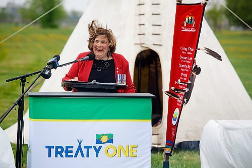 Mike Deal / Winnipeg Free Press
Lieutenant Governor of Manitoba, Honourable Anita R. Neville speaks during the Treaty One Nation Land Reclamation Ceremony for the Naawi-Oodena Treaty One Jointly Held lands, on the former Kapyong Barracks lands in Winnipeg, Wednesday morning.
230524 - Wednesday, May 24, 2023.