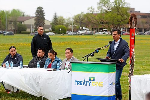 Mike Deal / Winnipeg Free Press
Peguis First Nation Chief Stan Bird during the Treaty One Nation Land Reclamation Ceremony for the Naawi-Oodena Treaty One Jointly Held lands, on the former Kapyong Barracks lands in Winnipeg, Wednesday morning.
230524 - Wednesday, May 24, 2023.