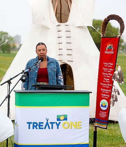 Mike Deal / Winnipeg Free Press
Long Plain First Nation Chief Kyra Wilson during the Treaty One Nation Land Reclamation Ceremony for the Naawi-Oodena Treaty One Jointly Held lands, on the former Kapyong Barracks lands in Winnipeg, Wednesday morning.
230524 - Wednesday, May 24, 2023.