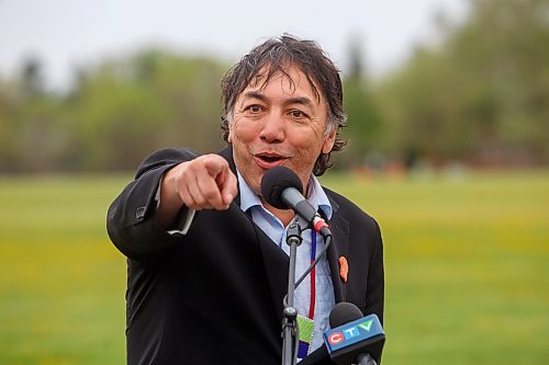 Mike Deal / Winnipeg Free Press
Former Long Plain First Nation Chief Dennis Meeches, speaks during the Treaty One Nation Land Reclamation Ceremony for the Naawi-Oodena Treaty One Jointly Held lands, on the former Kapyong Barracks lands in Winnipeg, Wednesday morning.
230524 - Wednesday, May 24, 2023.