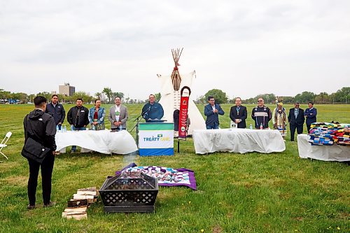 Mike Deal / Winnipeg Free Press
The Treaty One Nation holds a Land Reclamation Ceremony for the Naawi-Oodena Treaty One Jointly Held lands, on the former Kapyong Barracks lands in Winnipeg, Wednesday morning.
230524 - Wednesday, May 24, 2023.