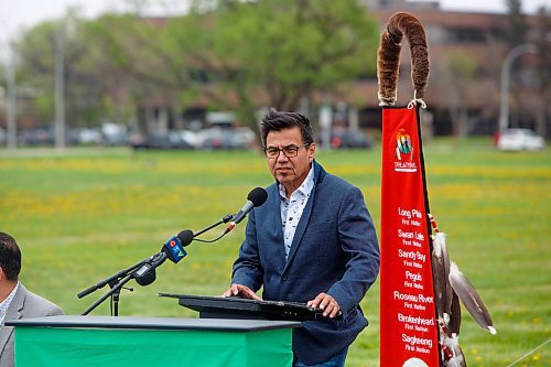 Mike Deal / Winnipeg Free Press
Peguis First Nation Chief Stan Bird during the Treaty One Nation Land Reclamation Ceremony for the Naawi-Oodena Treaty One Jointly Held lands, on the former Kapyong Barracks lands in Winnipeg, Wednesday morning.
230524 - Wednesday, May 24, 2023.