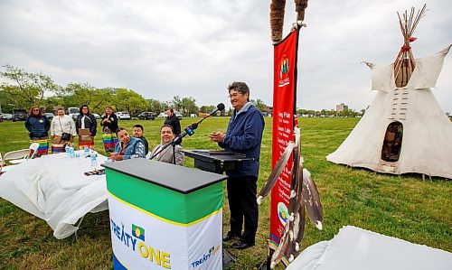 Mike Deal / Winnipeg Free Press
Ovide Mercredi, former National Chief of the Assembly of First Nations, speaks during the Treaty One Nation Land Reclamation Ceremony for the Naawi-Oodena Treaty One Jointly Held lands, on the former Kapyong Barracks lands in Winnipeg, Wednesday morning.
230524 - Wednesday, May 24, 2023.