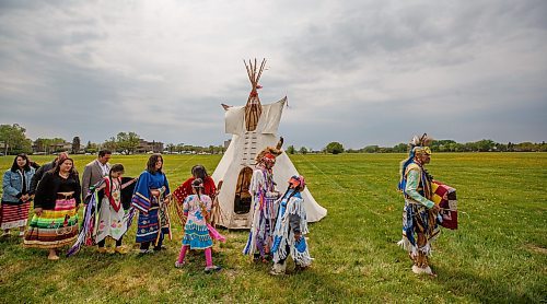 Mike Deal / Winnipeg Free Press
Leaders and dancers end the ceremony with the Retreat of Eagle Staff Flags during the Treaty One Nation Land Reclamation Ceremony for the Naawi-Oodena Treaty One Jointly Held lands, on the former Kapyong Barracks lands in Winnipeg, Wednesday morning.
230524 - Wednesday, May 24, 2023.