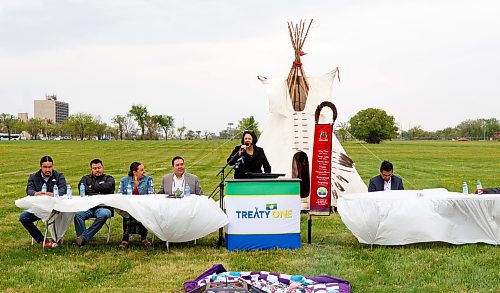 Mike Deal / Winnipeg Free Press
AMC Grand&#xa0;Chief Cathy Merrick speaks during the Treaty One Nation Land Reclamation Ceremony for the Naawi-Oodena Treaty One Jointly Held lands, on the former Kapyong Barracks lands in Winnipeg, Wednesday morning.
230524 - Wednesday, May 24, 2023.