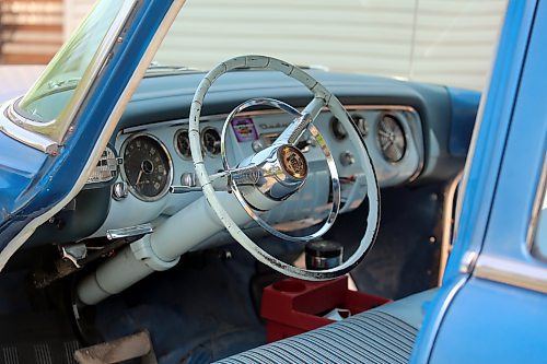 The steering wheel and dashboard of a 1956 Dodge Regent four door with PowerFlite two-speed automatic transmission, sits in Bob Chambers' back driveway in Boissevain on Thursday. (Michele McDougall/The Brandon Sun) 