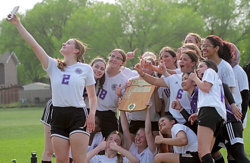 The Vincent Massey Vikings pose for a team selfie after beating the Neelin Spartans 1-0 in the Brandon High School Soccer League varsity girls' final on Thursday at Massey. (Thomas Friesen/The Brandon Sun)