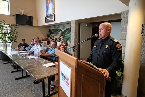 Brandon Fire and Emergency Services Chief Terry Parlow speaks to residents during a Ward 1 meeting at the Riverbank Discovery Centre on Thursday evening. (Colin Slark/The Brandon Sun)