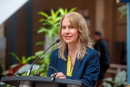 Mike Deal / Winnipeg Free Press
Lanette Siragusa, CEO, Shared Health, speaks during the event.
True North Real Estate Development announces its plan to re-develop Portage Place into a “campus for health, wellness and neighbourhood services” during an event attended by Premier Stefanson, Mark Chipman, executive chairman, True North Sports and Entertainment, Jim Ludlow, president, True North Real Estate Development, and Lanette Siragusa, CEO, Shared Health Friday morning in the mall’s atrium.
230512 - Friday, May 12, 2023.
