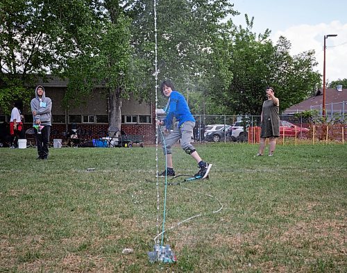 JESSICA LEE / WINNIPEG FREE PRESS

Ernest Pranteau launches his bottle rocket at Windsor School May 30, 2023. About 160 students from Frontier, Louis Riel, Seven Oaks and St. James-Assiniboia School Divisions participated in Tipis and Telescopes where they learned from Elder Wilfred Buck and Dr. Juan Carlos Chavez, leaders in Indigenous knowledge and star stories.

Reporter: Graham