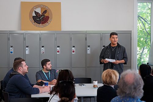 Mike Deal / Winnipeg Free Press
Orlando Harper, student and artist who helped design the school logo, speaks during the opening ceremony for Niiwin Minisiwiwag school, located at 383 Selkrik Avenue.
The Indigenous Education Caring Society is unveiling a new alternative school campus for First Nations, Metis and Inuit learners who've become disengaged with school in a bid to re-capture their attention, re-engage them and support them to graduate. The special North End site called, Niiwin Minisiwiwag, located at 383 Selkrik Avenue, is run via MOU/partnership with WSD, will support teens to complete their high school education. The aim is to find 'inactive students' (students that WSD receives funding for, but who have become lost in the system and don't currently attend classes). It's no secret COVID has worsened attendance in recent years. This project is a grassroots effort to make a dent in the issue of chronic absenteeism. The society is an initiative between Ma Mawi Wi Chitata Centre, Ndinawemaaganag Endawaad and the Community Education Development Association (CEDA). The newly-finished building was funded by a $500K grant from the Winnipeg Foundation, and grants from an anonymous donor and Sill Foundation, City of Winnipeg donated the land. We are getting an exclusive preview because of our ed coverage. 
See Maggie story
230530 - Tuesday, May 30, 2023.