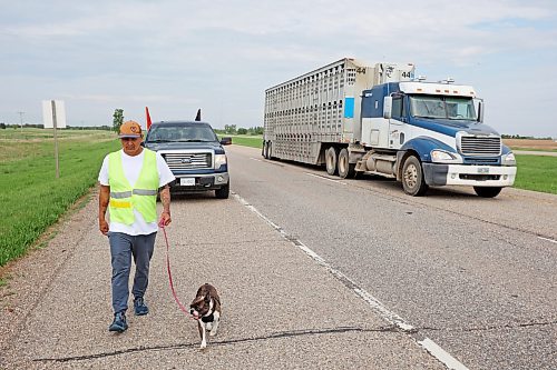 Cameron West walks east along the Trans Canada Highway towards Carberry with his french bulldog Gretchen while his wife Charity takes her turn driving the support vehicle on Monday morning. The couple are walking across Canada to draw attention to missing and murdered Indigenous people. They began their first leg of the walk in Siksika Nation in southern Alberta and are walking to St. John's, Nfld. From there they will begin their second leg in Prince Rupert , BC, and walk the Highway of Tears, Highway 16, where several Indigenous Canadians have gone missing, home to Prince George. They average approximately 40-50 KM's a day. 
(Tim Smith/The Brandon Sun)