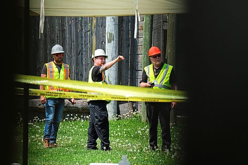 MIKE DEAL / WINNIPEG FREE PRESS
Winnipeg Police and construction specialists at Fort Gibraltar where several youths fell when a portion of an upper walkway collapsed Wednesday morning. 
230531 - Wednesday, May 31, 2023. 
