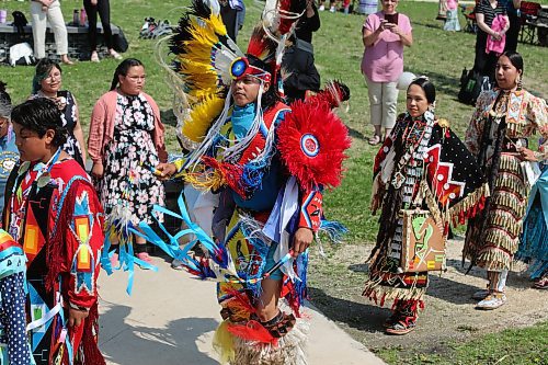 Indigenous dancers from Sioux Valley dance in front of a crowd of hundreds during the “Our Journey, Indigenous Student Graduation Celebration" at the Riverbank Discovery Centre in Brandon on Wednesday. (Michele McDougall, The Brandon Sun)