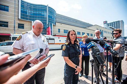 MIKAELA MACKENZIE / WINNIPEG FREE PRESS

Michelle Bessas, platoon chief of paramedic operations at WFPS, speaks to the media outside of the HSC Children&#x573; Hospital (where injured St. John&#x573;-Ravencourt students were taken after a bridge collapsed during a field trip at Fort Gibraltar) on Wednesday, May 31, 2023. For Maggie/Chris/Erik story.
Winnipeg Free Press 2023