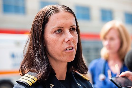 MIKAELA MACKENZIE / WINNIPEG FREE PRESS

Michelle Bessas, platoon chief of paramedic operations at WFPS, speaks to the media outside of the HSC Children&#x573; Hospital (where injured St. John&#x573;-Ravencourt students were taken after a bridge collapsed during a field trip at Fort Gibraltar) on Wednesday, May 31, 2023. For Maggie/Chris/Erik story.
Winnipeg Free Press 2023