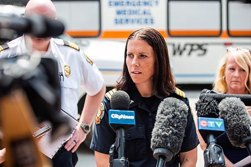 MIKAELA MACKENZIE / WINNIPEG FREE PRESS

Michelle Bessas, platoon chief of paramedic operations at WFPS, speaks to the media outside of the HSC Children&#x573; Hospital (where injured St. John&#x573;-Ravencourt students were taken after a bridge collapsed during a field trip at Fort Gibraltar) on Wednesday, May 31, 2023. For Maggie/Chris/Erik story.
Winnipeg Free Press 2023