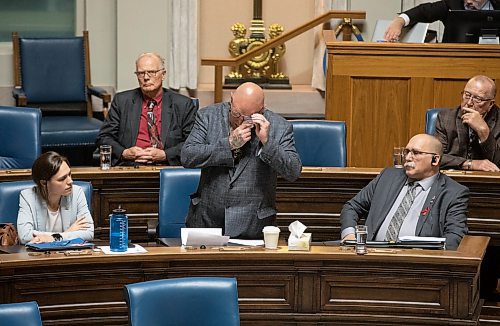 JESSICA LEE / WINNIPEG FREE PRESS

Dawson Trail MLA Bob Lagass&#xe9; wipes his eyes during question period May 31, 2023 at the Legislature while making an emotional speech about politicians bullying each other.

Reporter: Carol Sanders