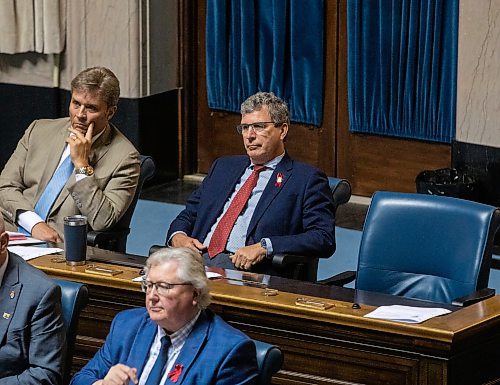 JESSICA LEE / WINNIPEG FREE PRESS

Brandon West MLA Reg Helwer (in blue) is photographed during question period May 31, 2023 at the Legislature.

Reporter: Carol Sanders